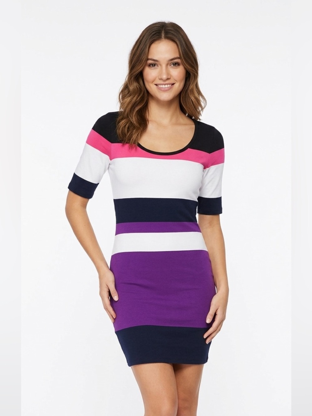 Dynamite Striped Colorblock Bodycon Dress Size Medium Black/White/Pink/Purple